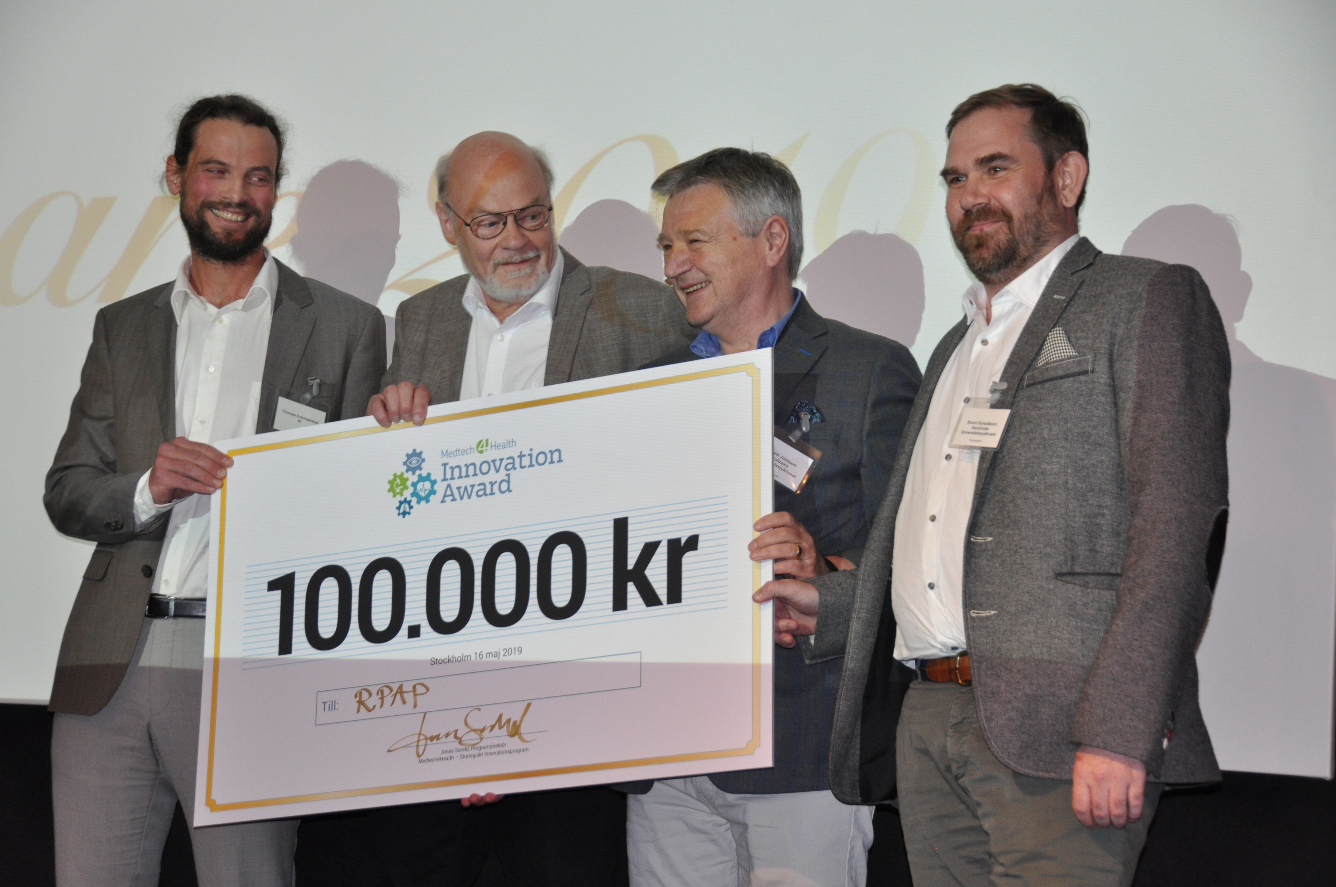Vinnarna i Medtech4Health Innovation Award 2019: Thomas Drevhammar, Kjell Nilsson, Baldvin Jonsson och Snorri Donaldsson